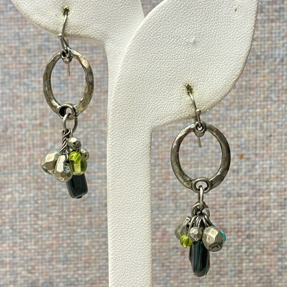 Artisan Blue Green Silver Tone Beaded Dangle Charm Hoop Earrings Bohemian Chic